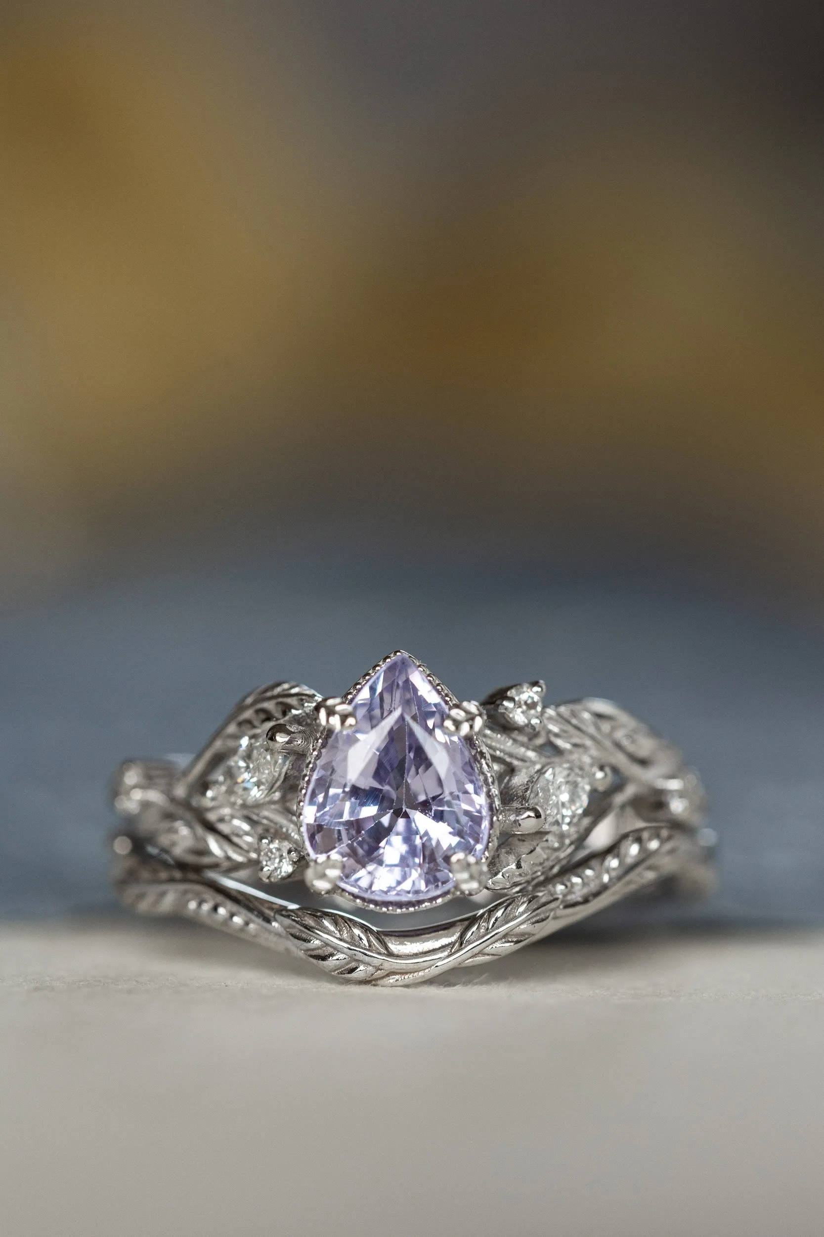 White gold engagement ring with lavender sapphire, nature inspired engagement ring with pear gemstone / Patricia
