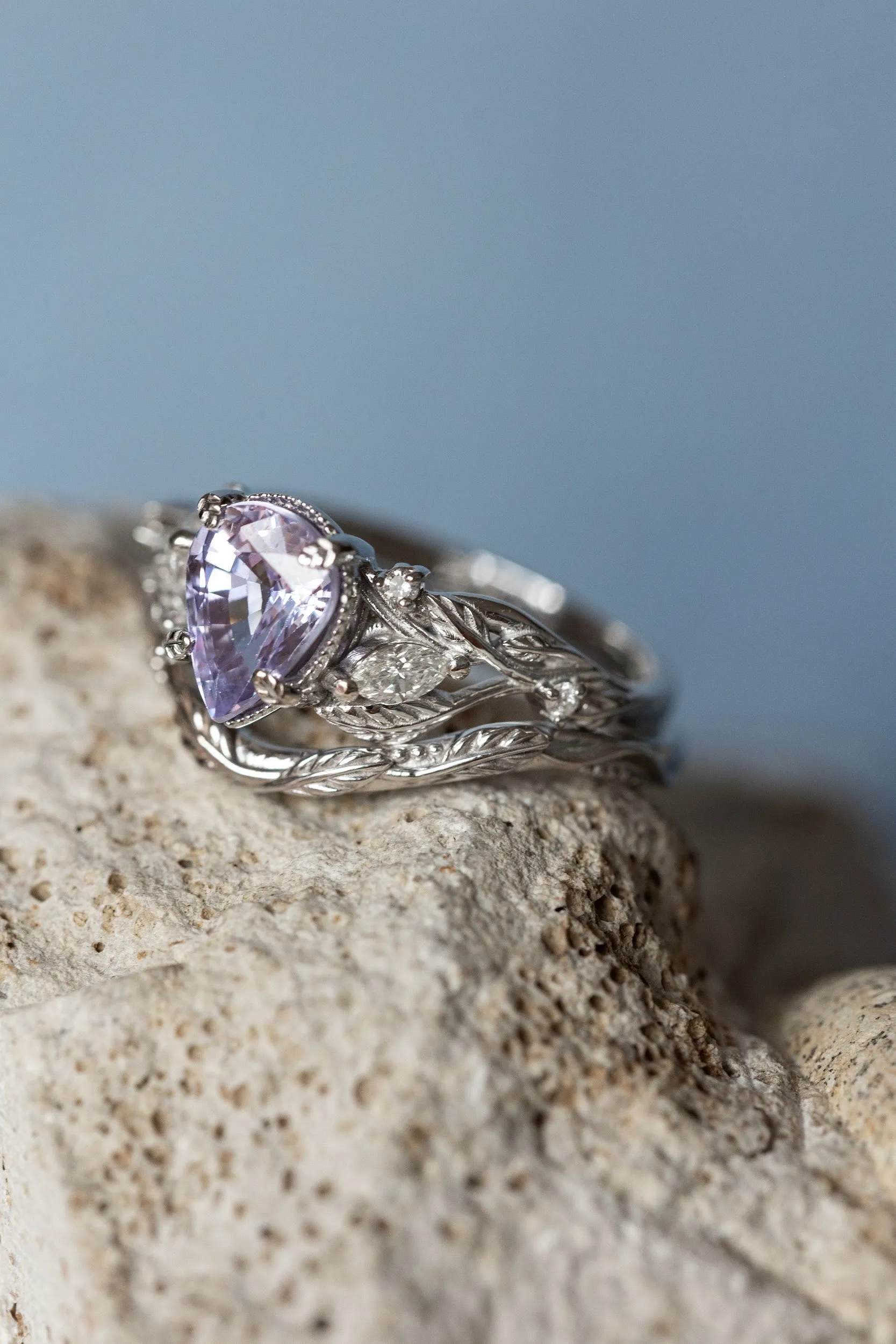 White gold engagement ring with lavender sapphire, nature inspired engagement ring with pear gemstone / Patricia