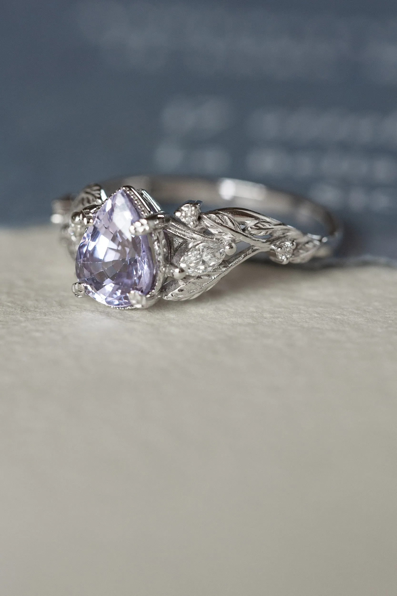 White gold engagement ring with lavender sapphire, nature inspired engagement ring with pear gemstone / Patricia