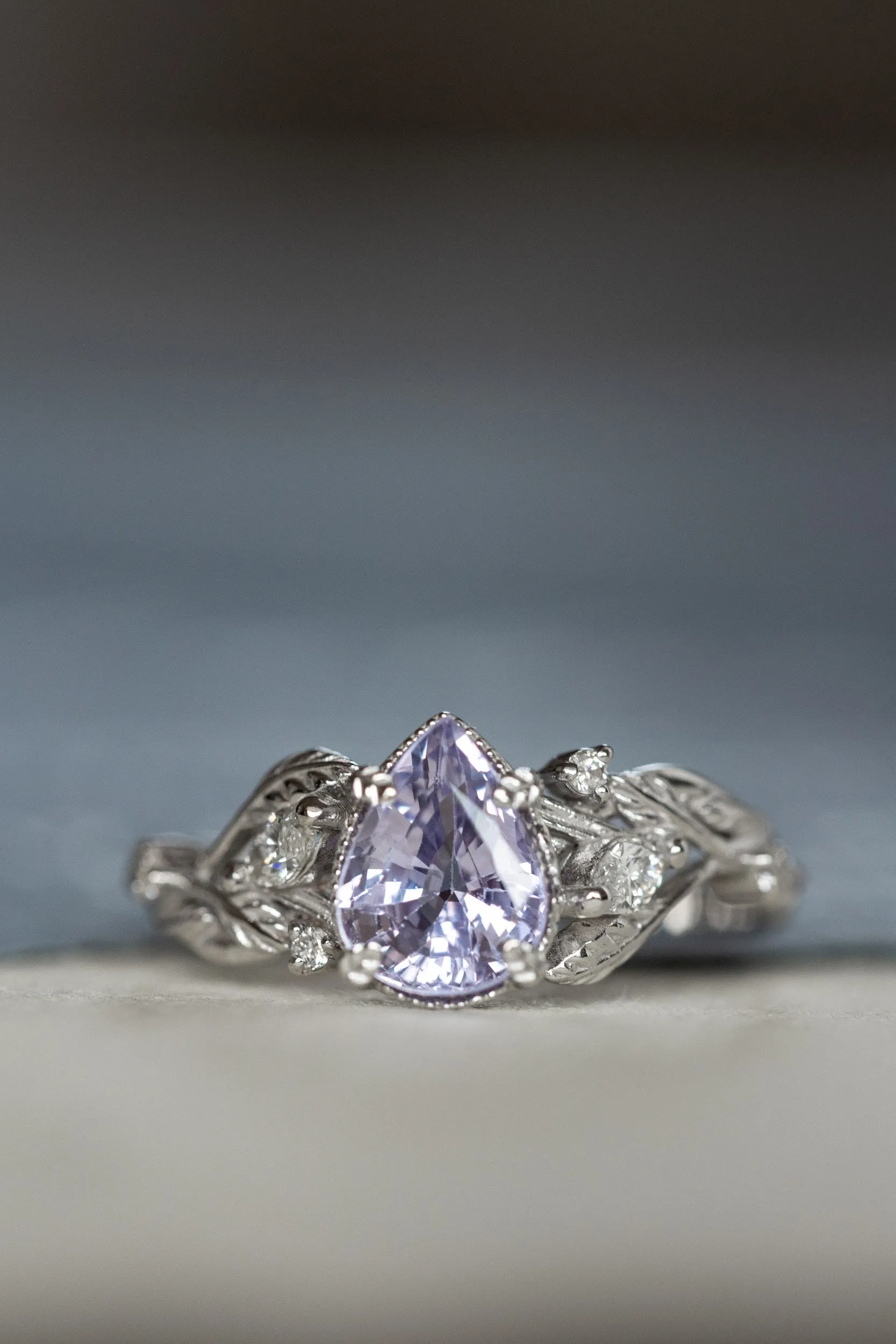 White gold engagement ring with lavender sapphire, nature inspired engagement ring with pear gemstone / Patricia