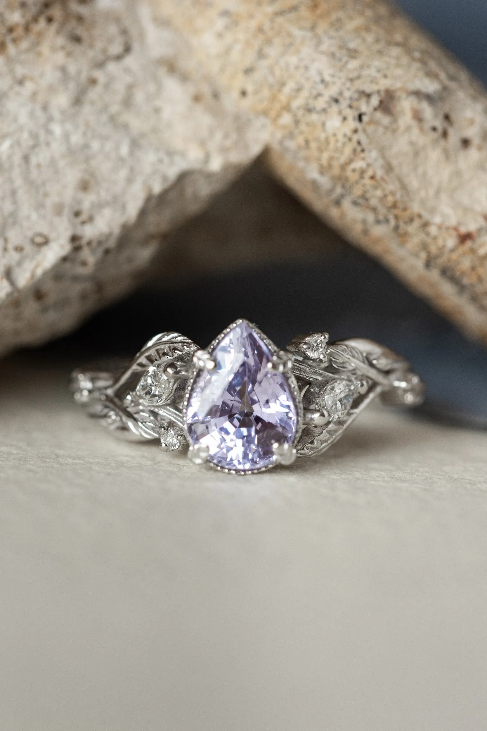 White gold engagement ring with lavender sapphire, nature inspired engagement ring with pear gemstone / Patricia